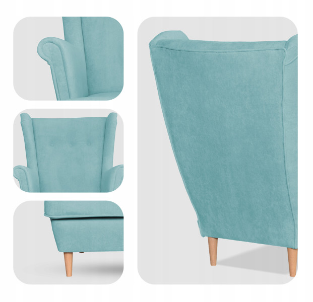 Fotel uszak skandynawski welur Hunter Family Meble błękitny