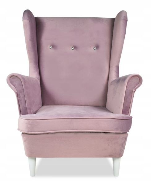 Fotel Uszak liliowy jasny róż aksamit urodziny