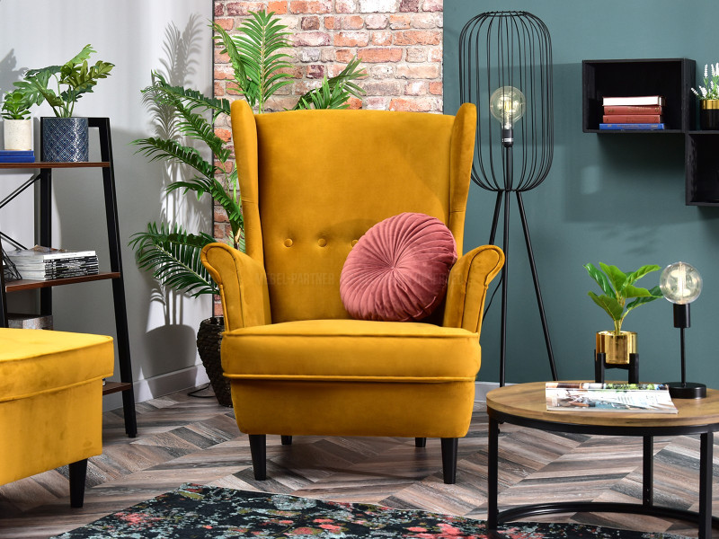 Fotel Malmo Żurawina Tkanina, Podstawa Orzech