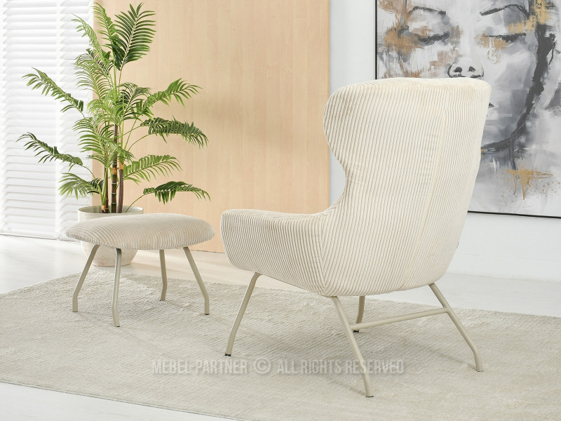 Beżowy Sztruksowy Fotel Conor Z Podnóżkiem Do Salonu