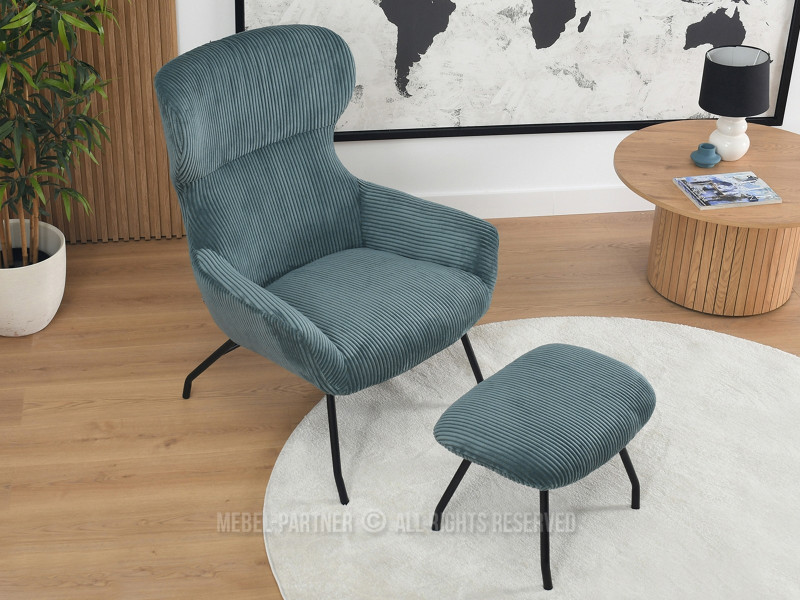 Beżowy Sztruksowy Fotel Conor Z Podnóżkiem Do Salonu