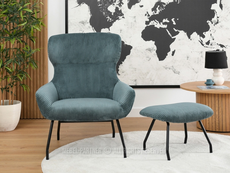 Beżowy Sztruksowy Fotel Conor Z Podnóżkiem Do Salonu