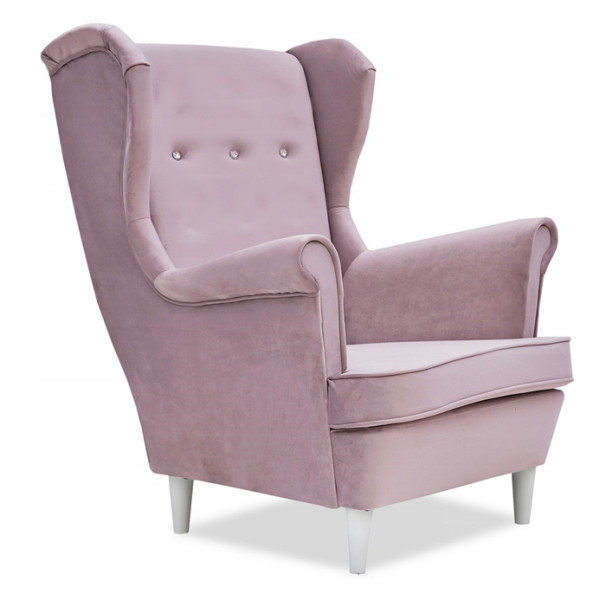 Fotel Uszak liliowy jasny róż aksamit urodziny