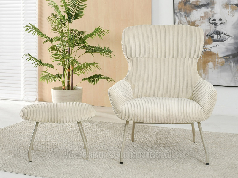 Beżowy Sztruksowy Fotel Conor Z Podnóżkiem Do Salonu