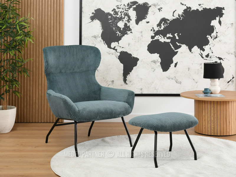 Beżowy Sztruksowy Fotel Conor Z Podnóżkiem Do Salonu