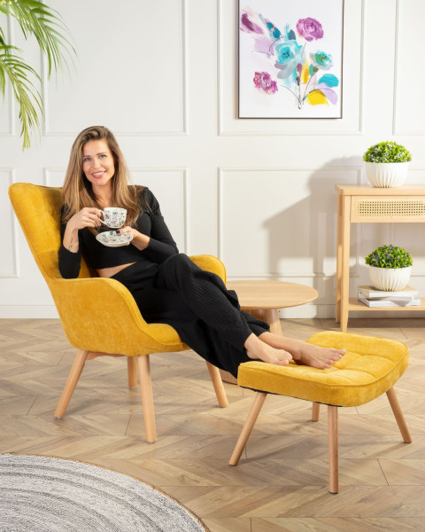 Uszak Fotel z podnóżkiem Grella Żółty 79x70x97 cm wypoczynkowy do salonu