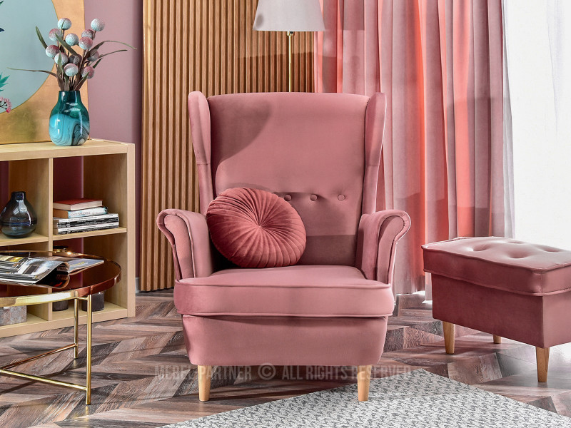 Fotel Malmo Żurawina Tkanina, Podstawa Orzech