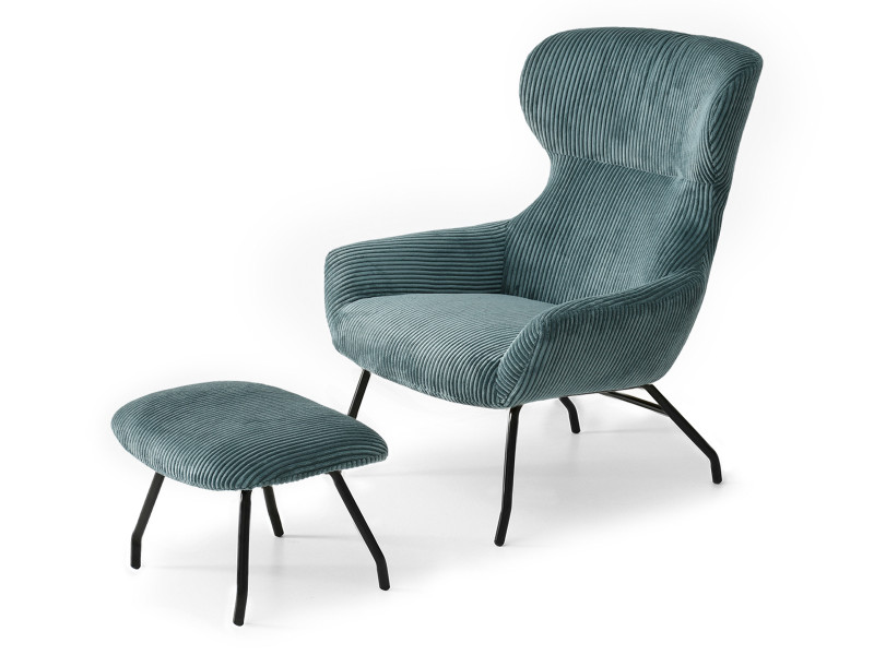 Beżowy Sztruksowy Fotel Conor Z Podnóżkiem Do Salonu