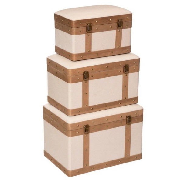 Skrzynia 3 szt. lniana z drewnem Harry