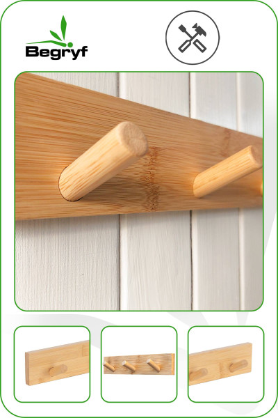 Bambusowy wieszak z trzema haczykami do łazienki przedpokoju BEGRYF 6x30