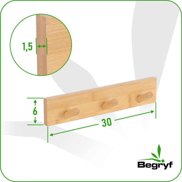 Bambusowy wieszak z trzema haczykami do łazienki przedpokoju BEGRYF 6x30