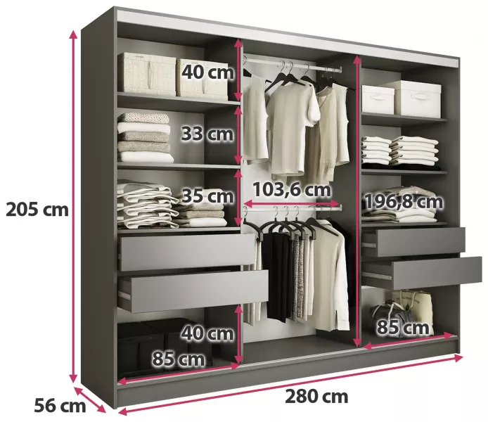 Szafa przesuwna z lustrem 280 cm TOP grafit