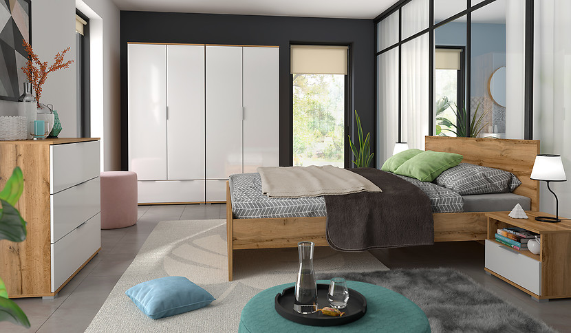 Szafa dwudrzwiowa Zele 90 cm z szufladą dąb wotan/biały połysk