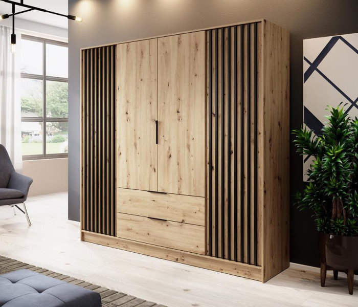 Szafa czterodrzwiowa z szufladami Nelly z lamelami szara