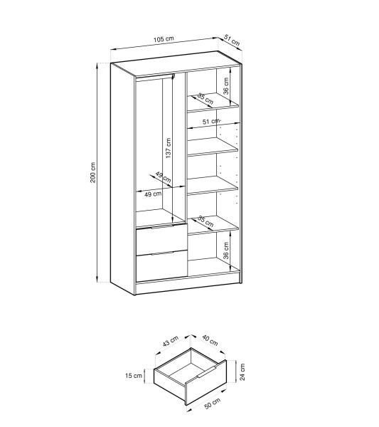 Szafa drzwiowa Nelly lamele 2D szara z lustrem i szufladami