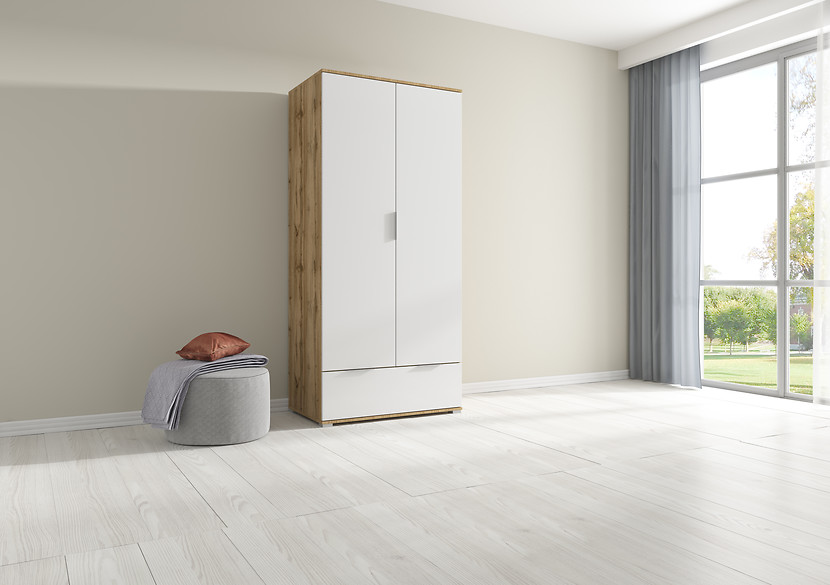 Szafa dwudrzwiowa Zele 90 cm z szufladą dąb wotan/biały połysk