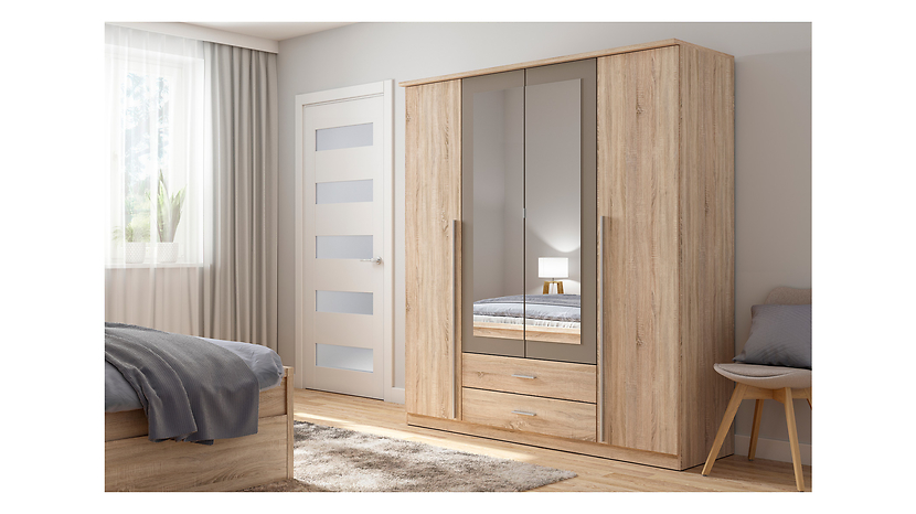 Szafa czterodrzwiowa Kredo 181 cm z lustrem i szufladami dąb sonoma