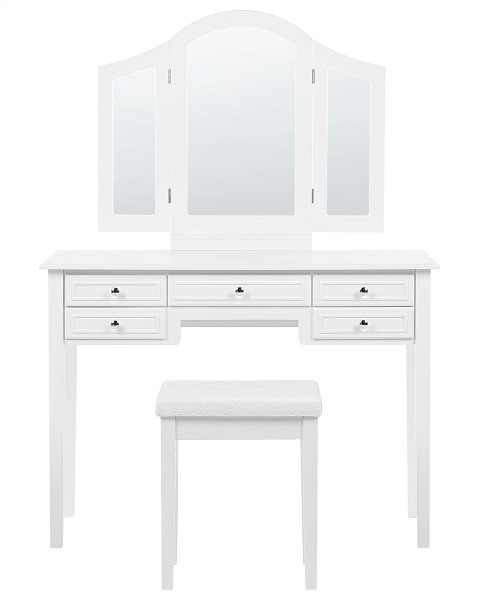 Toaletka biała z 5 szufladami lustrem i stołkiem