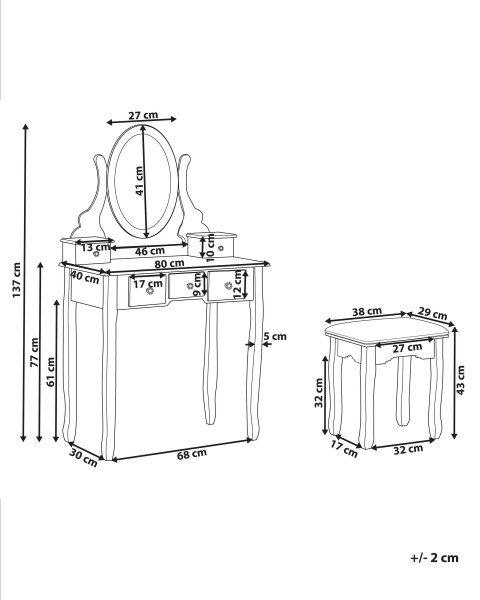 Toaletka biała 5 szuflad owalne lustro stołek