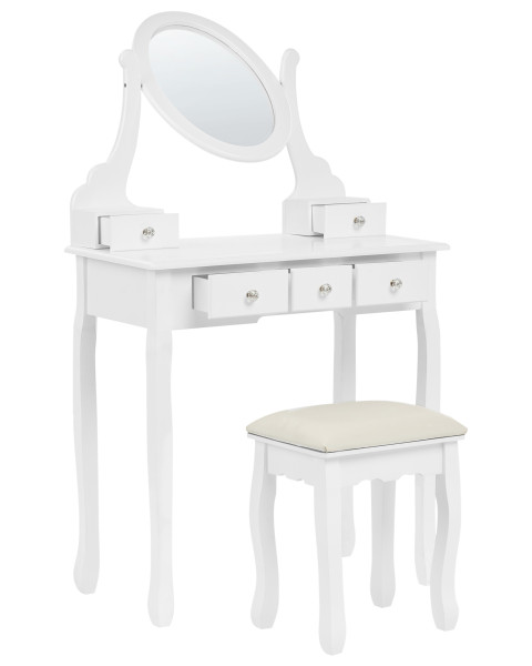 Toaletka biała 5 szuflad owalne lustro stołek