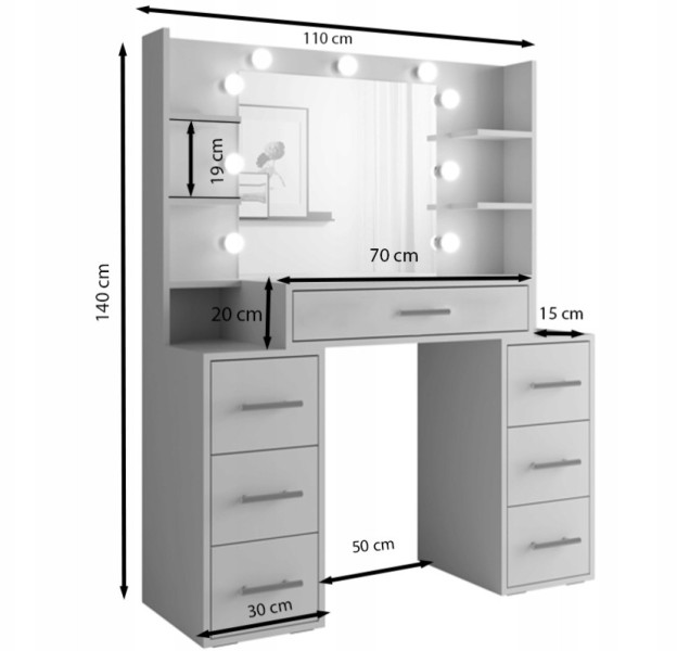 Toaletka STAR biała z szufladami lustrem i oświetleniem