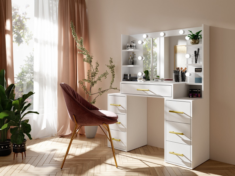 Toaletka STAR biała z szufladami lustrem i oświetleniem