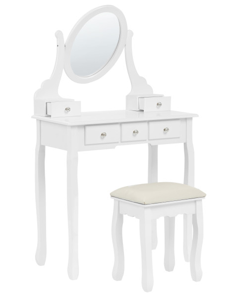 Toaletka biała 5 szuflad owalne lustro stołek