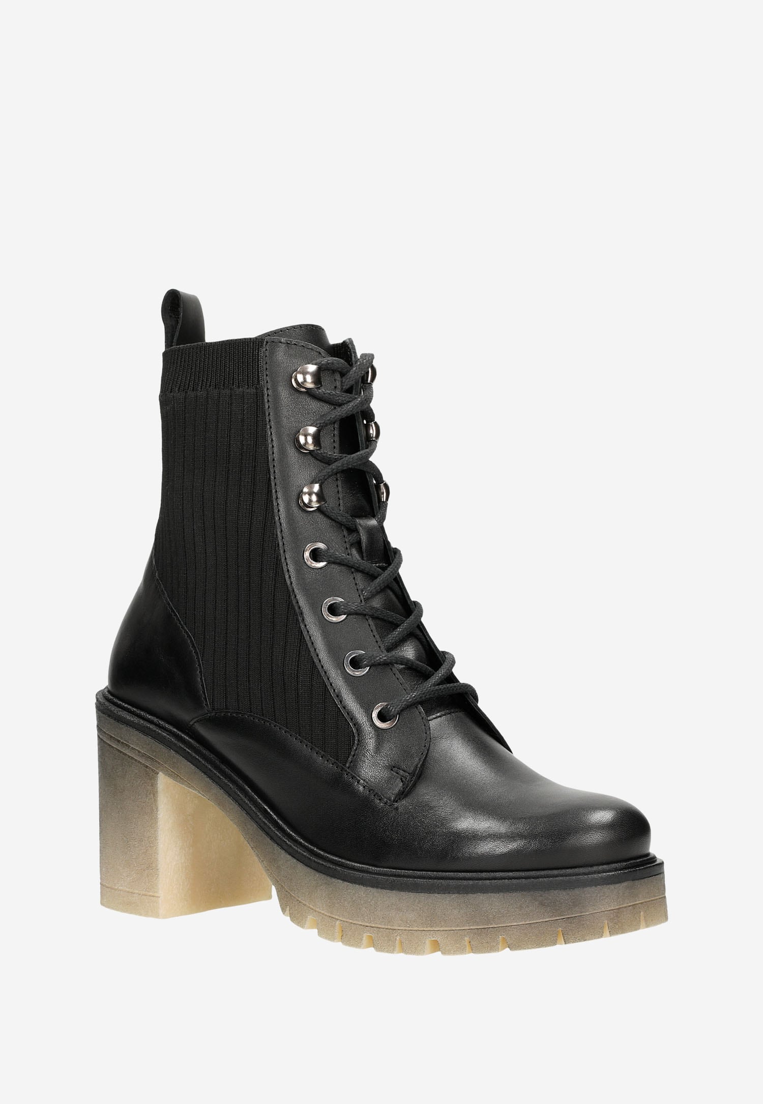 Czarne trzewiki damskie na obcasie z cholewką skarpetą