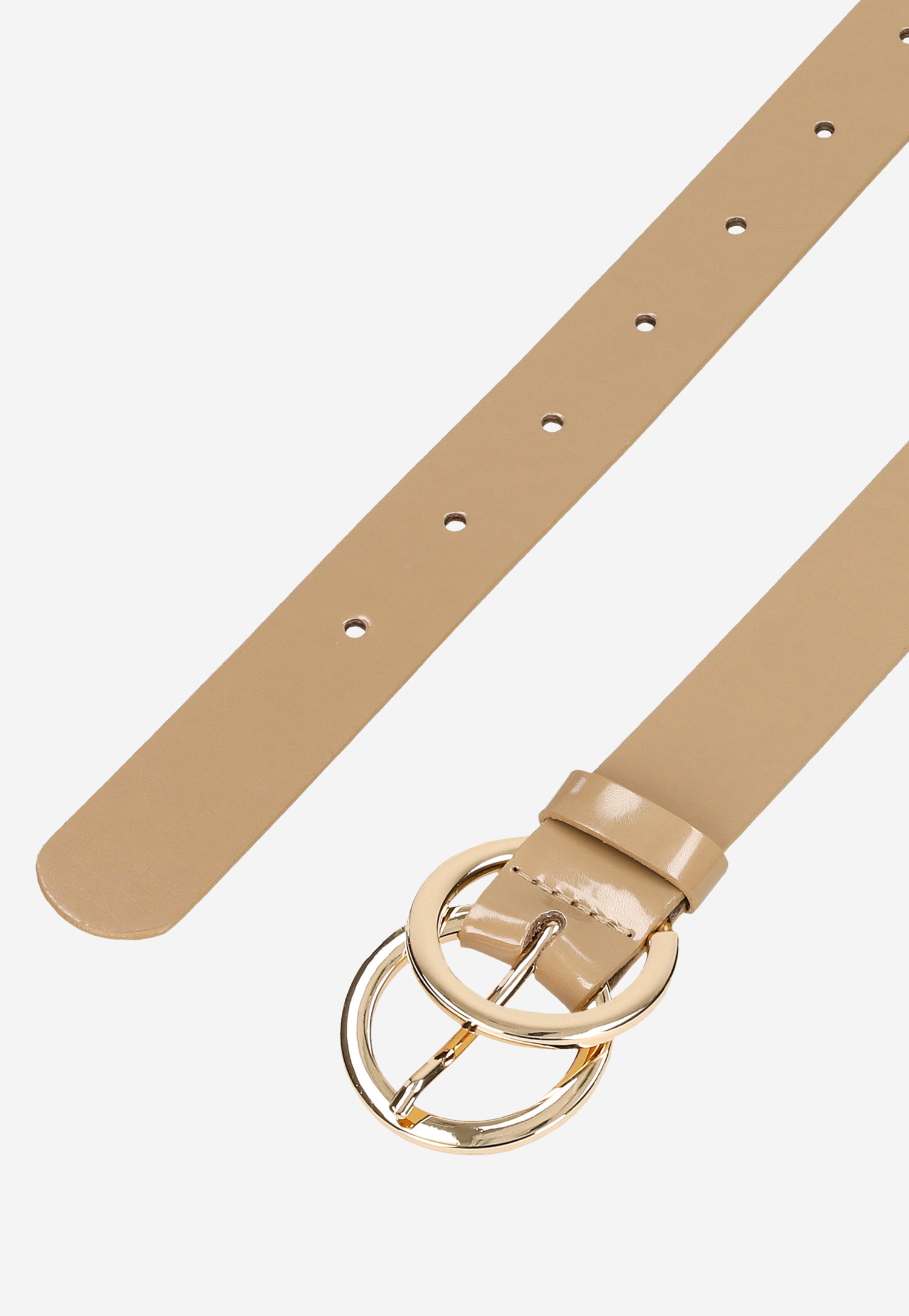 Beżowy pasek damski lakierowany ze złotą klamrą