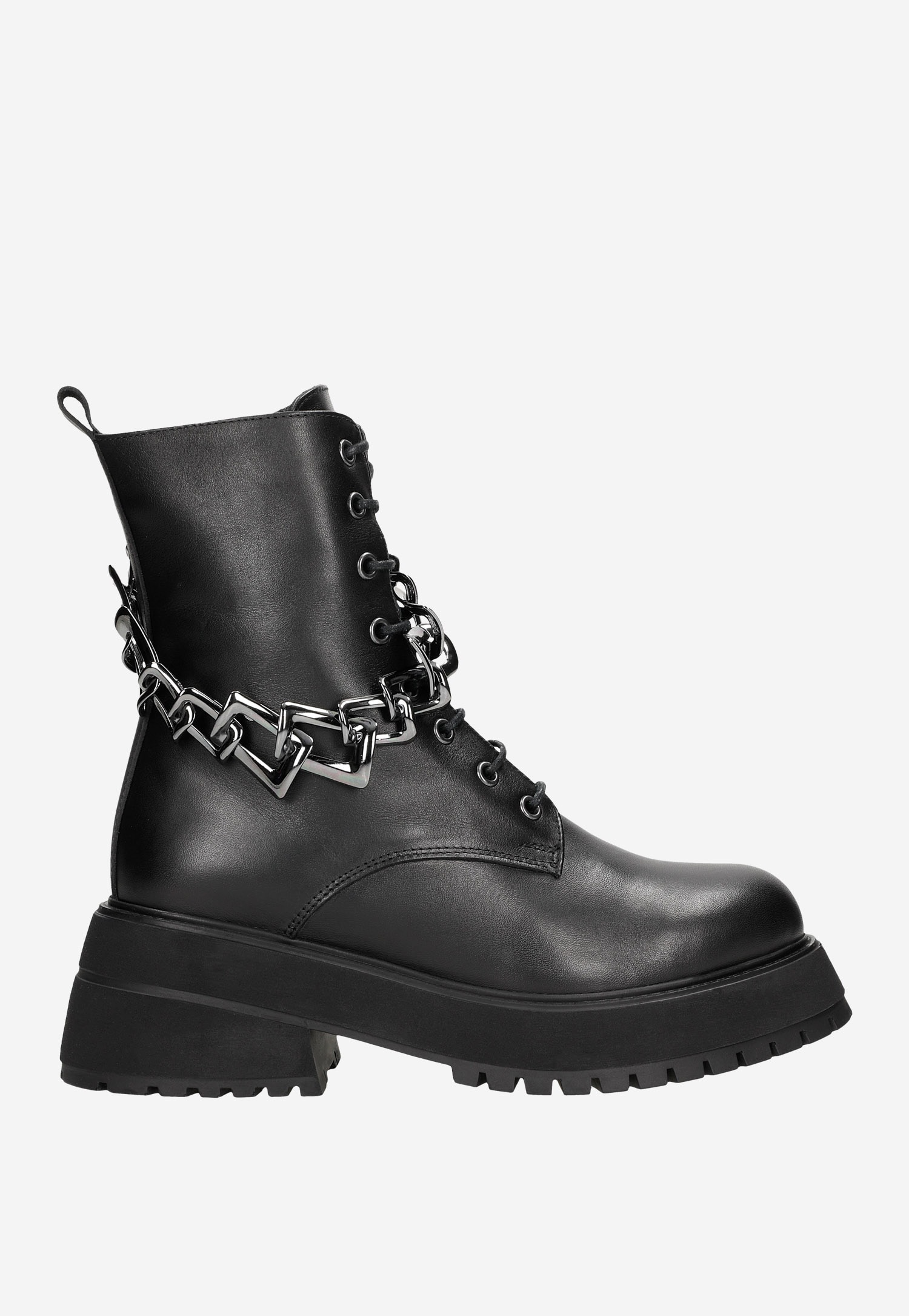 Czarne skórzane trzewiki damskie ze srebrnym łańcuchem