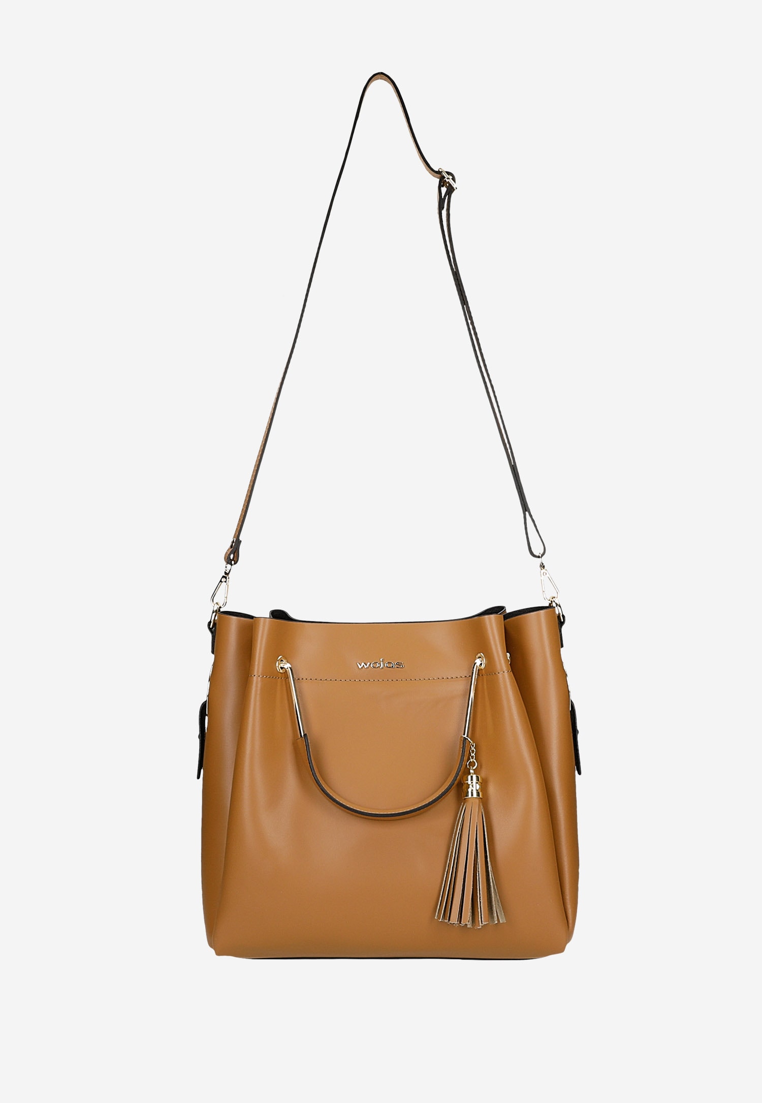 Jasnobrązowa torebka kuferek z ozdobnym frędzelkiem