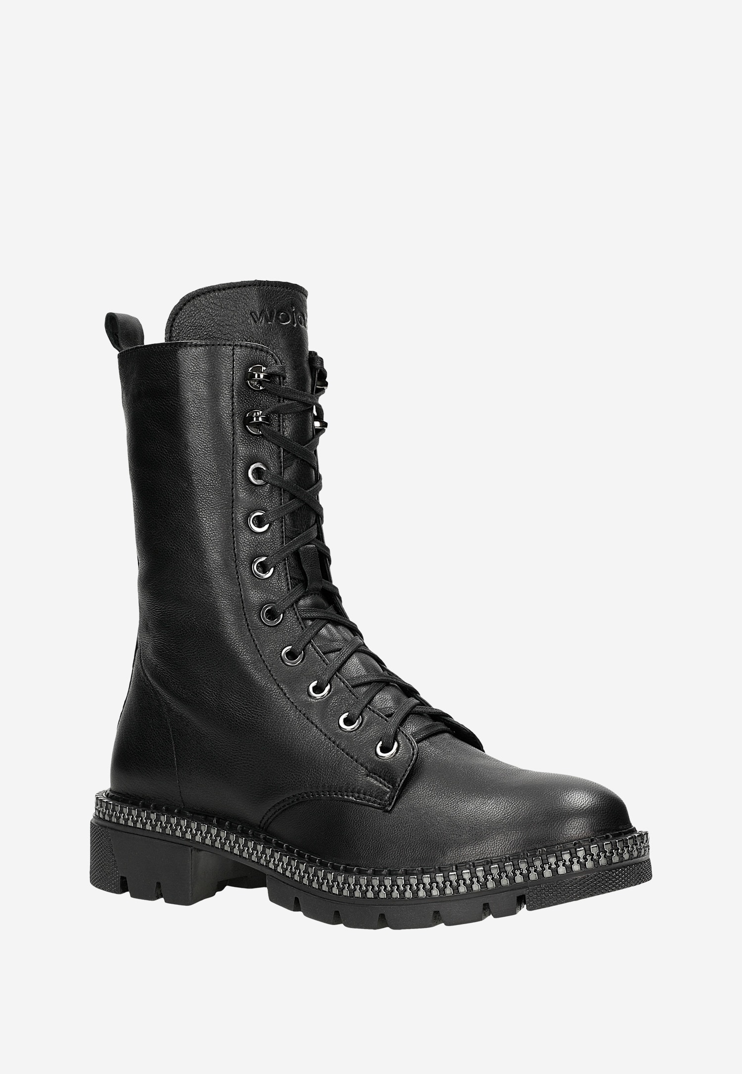 Czarne wysokie trzewiki damskie z ozdobnym zamkiem na podeszwie