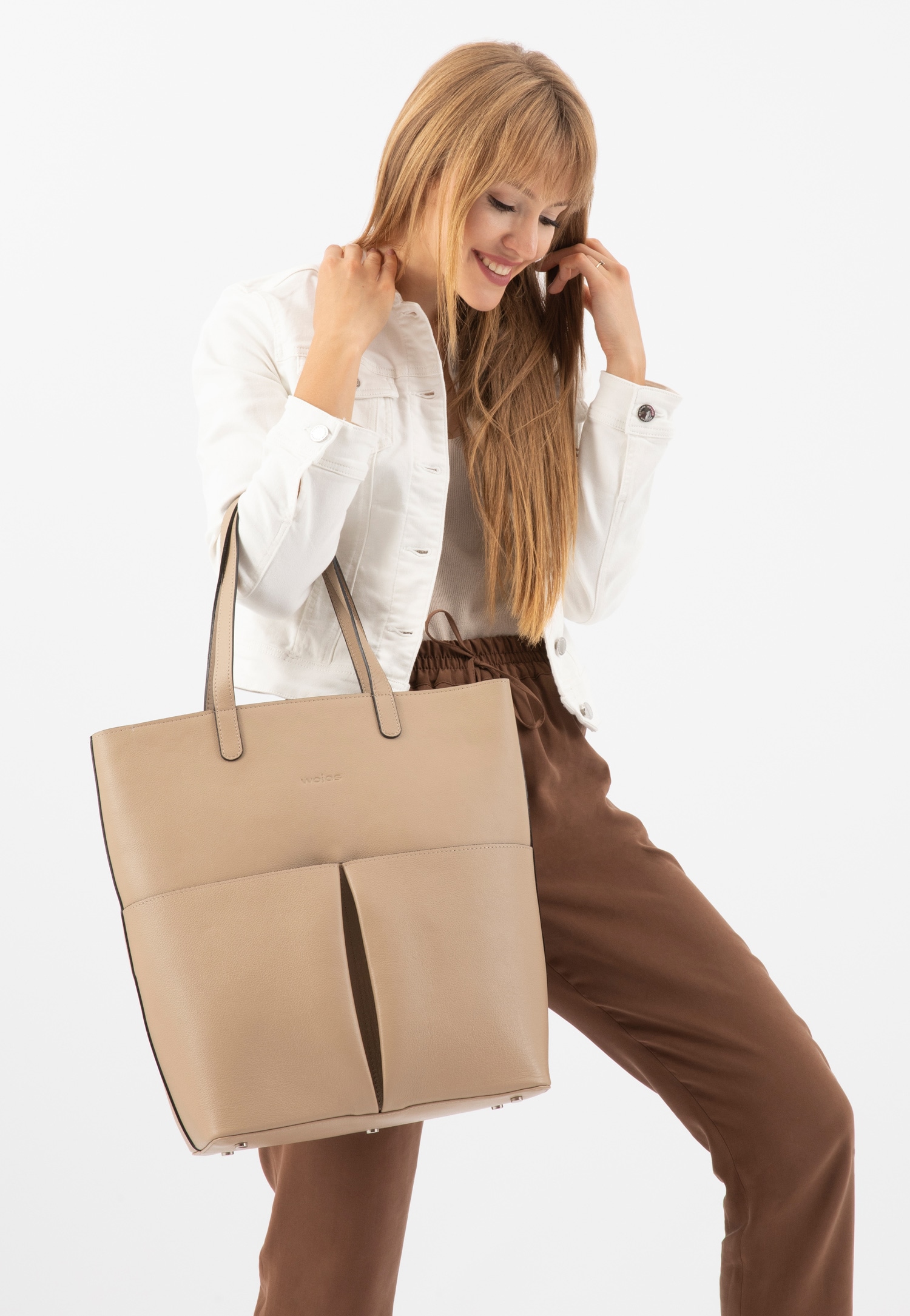 Pojemna skórzana shopperka damska w kolorze brązowym