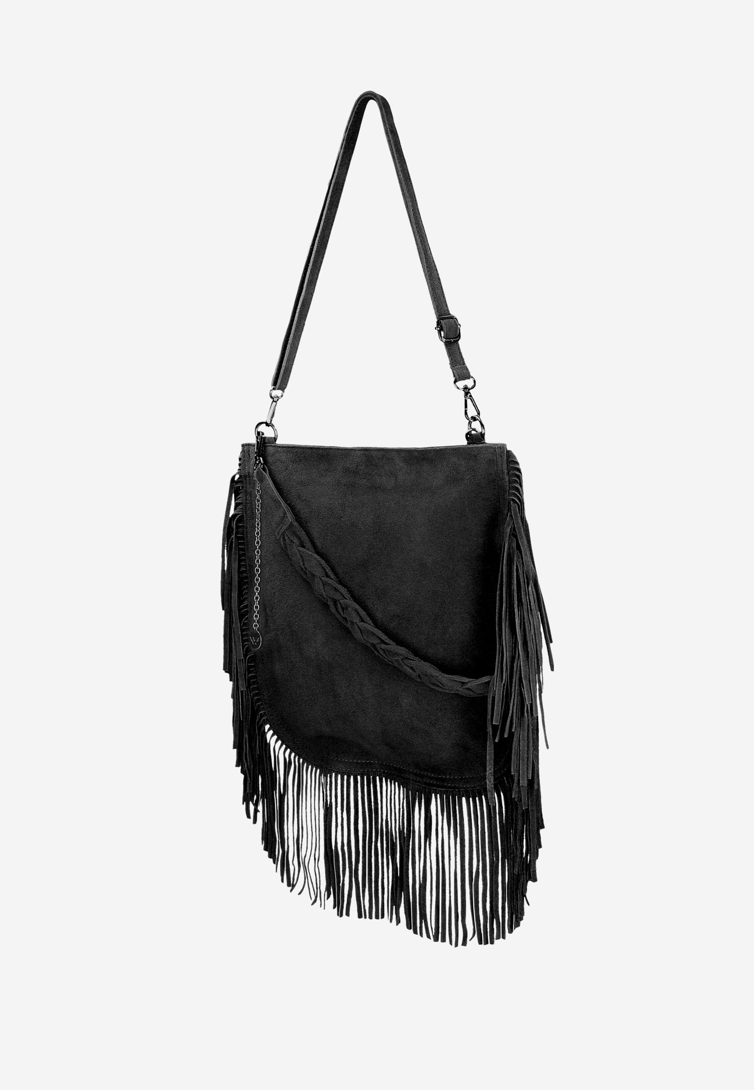 Czarna shopperka z ozdobnymi frędzlami