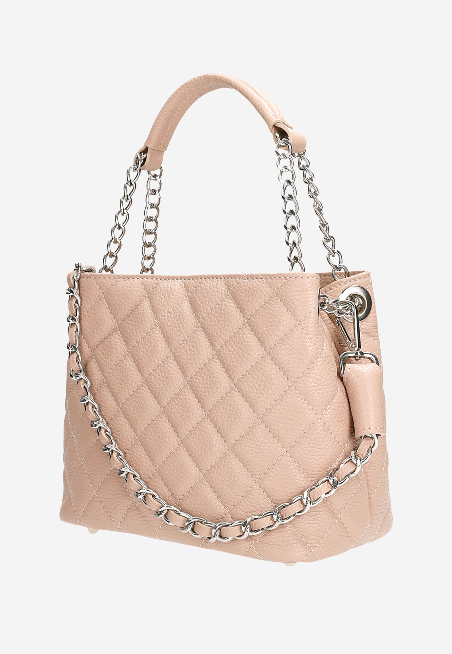 Jasnoróżowa pikowana torebka damska z ozdobnym łańcuszkiem