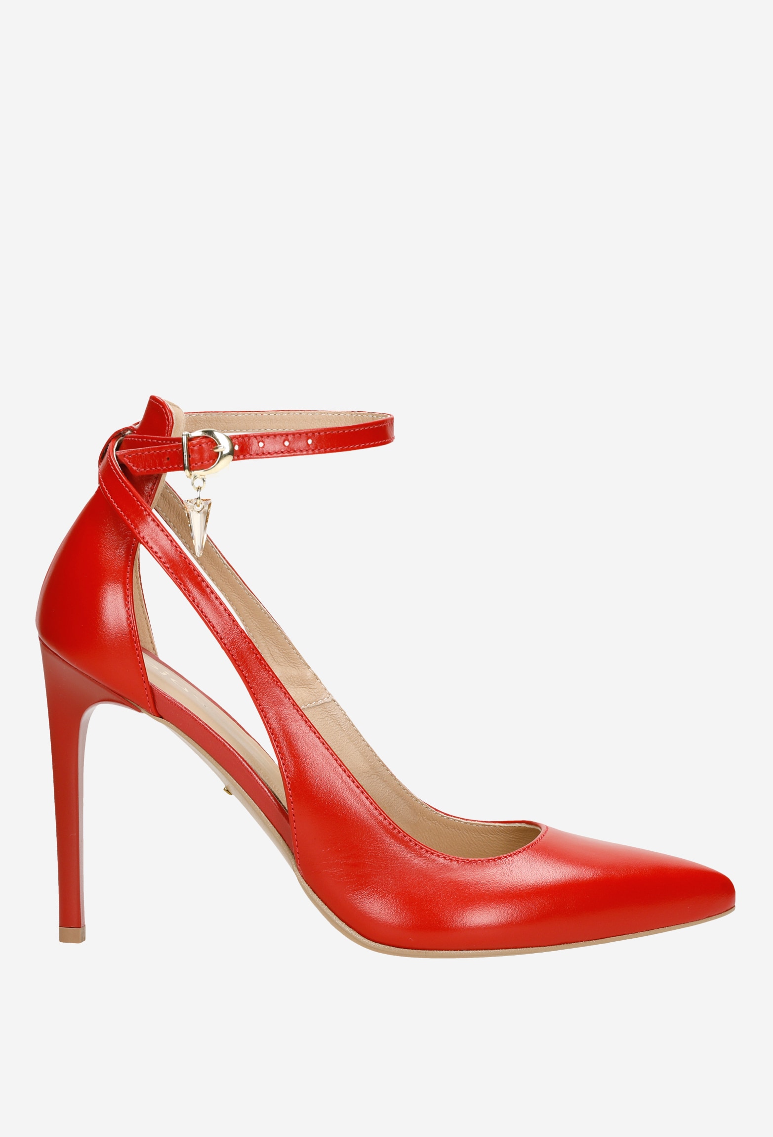 Czerwone szpilki damskie ze skóry licowej z ozdobnym kryształkiem