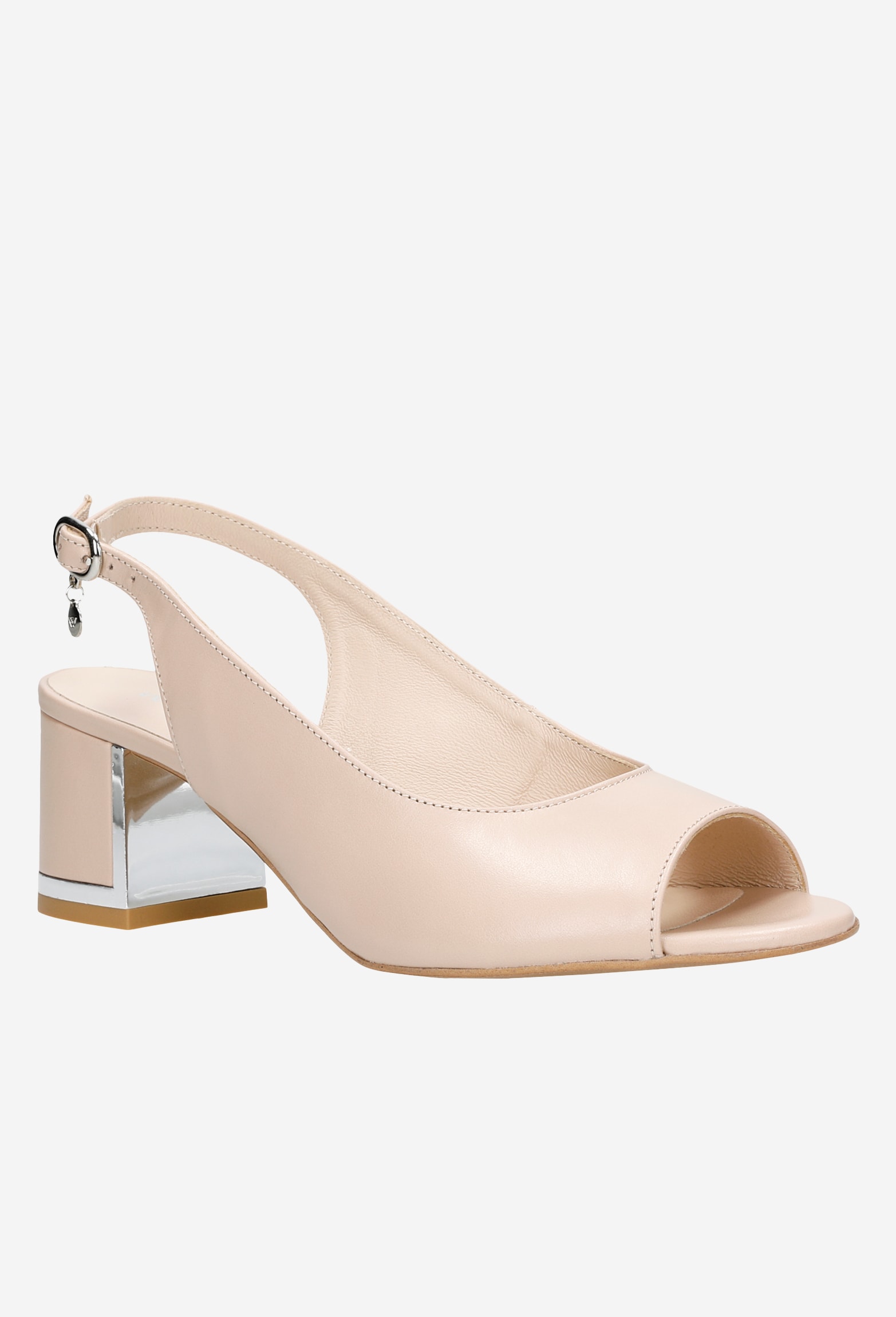 Beżowe sandały damskie z otwartą piętą oraz ozdobnym obcasem