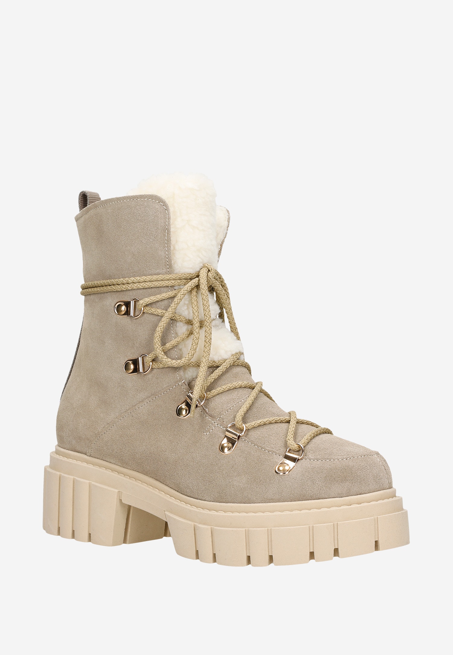 RELAKS beżowe trzewiki damskie z białym kożuszkiem i podeszwą trepową