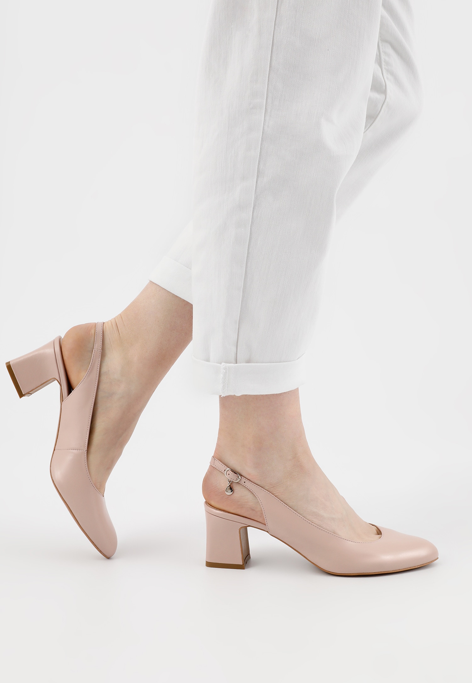 Eleganckie skórzane beżowe czółenka z odkrytą piętą