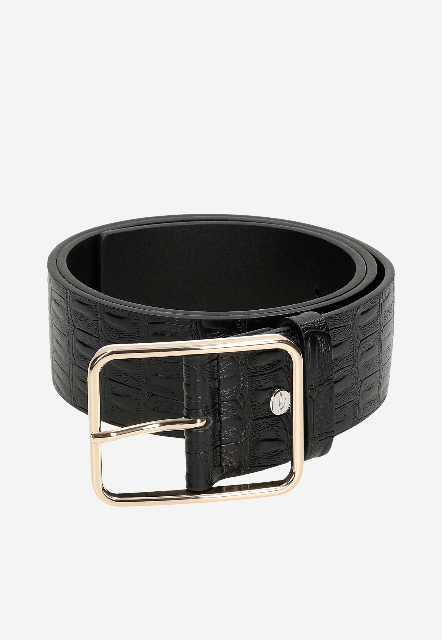 Czarny pasek z tłoczonej skóry licowej z otwartą klamrą