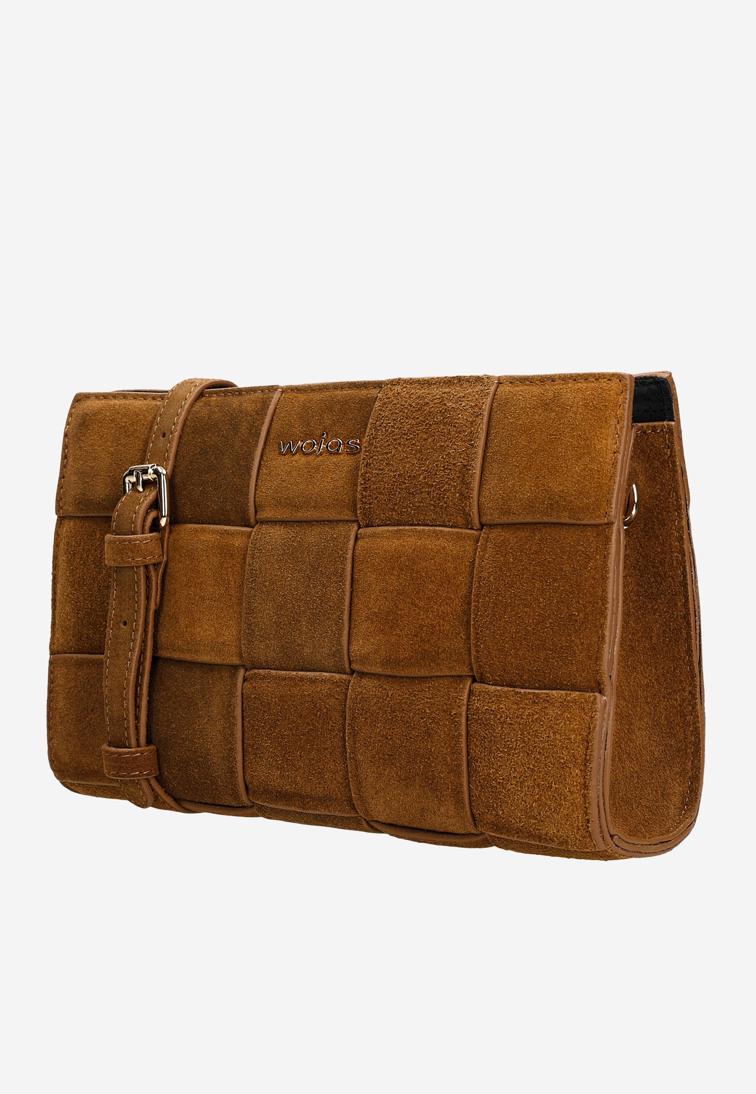 Mała jasnobrązowa torebka pleciona z dwoiny welurowej