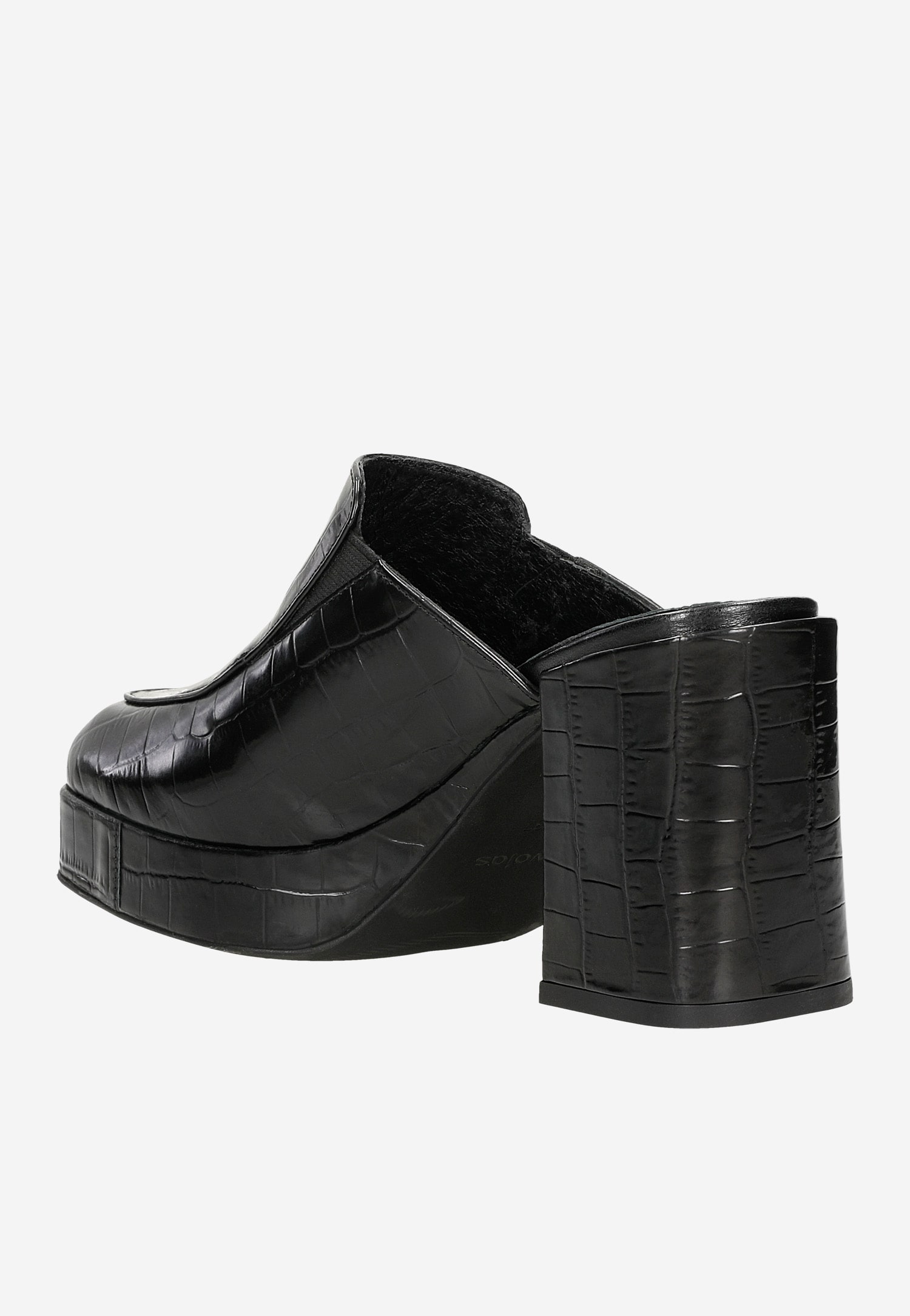 Czarne klapki damskie na szerokim obcasie z ozdobnym tłoczeniem