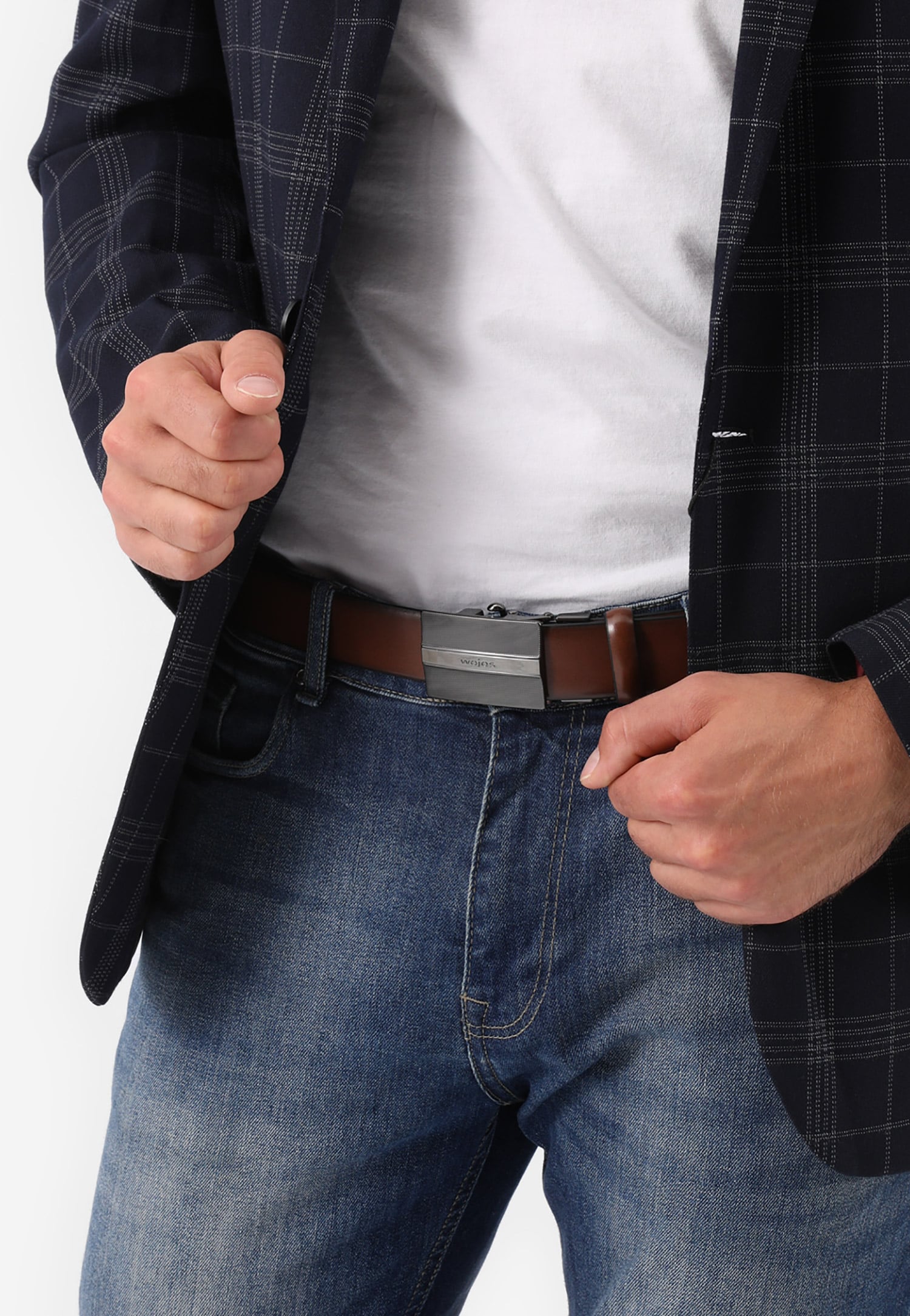 Brązowy skórzany pasek męski z pełną klamrą