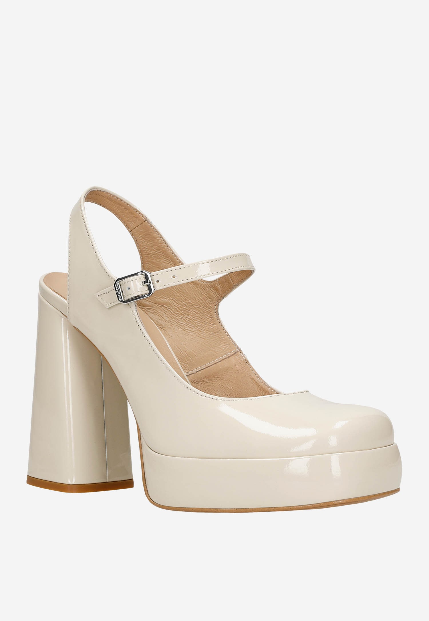 Wysokie beżowe czółenka damskie na masywnym słupku