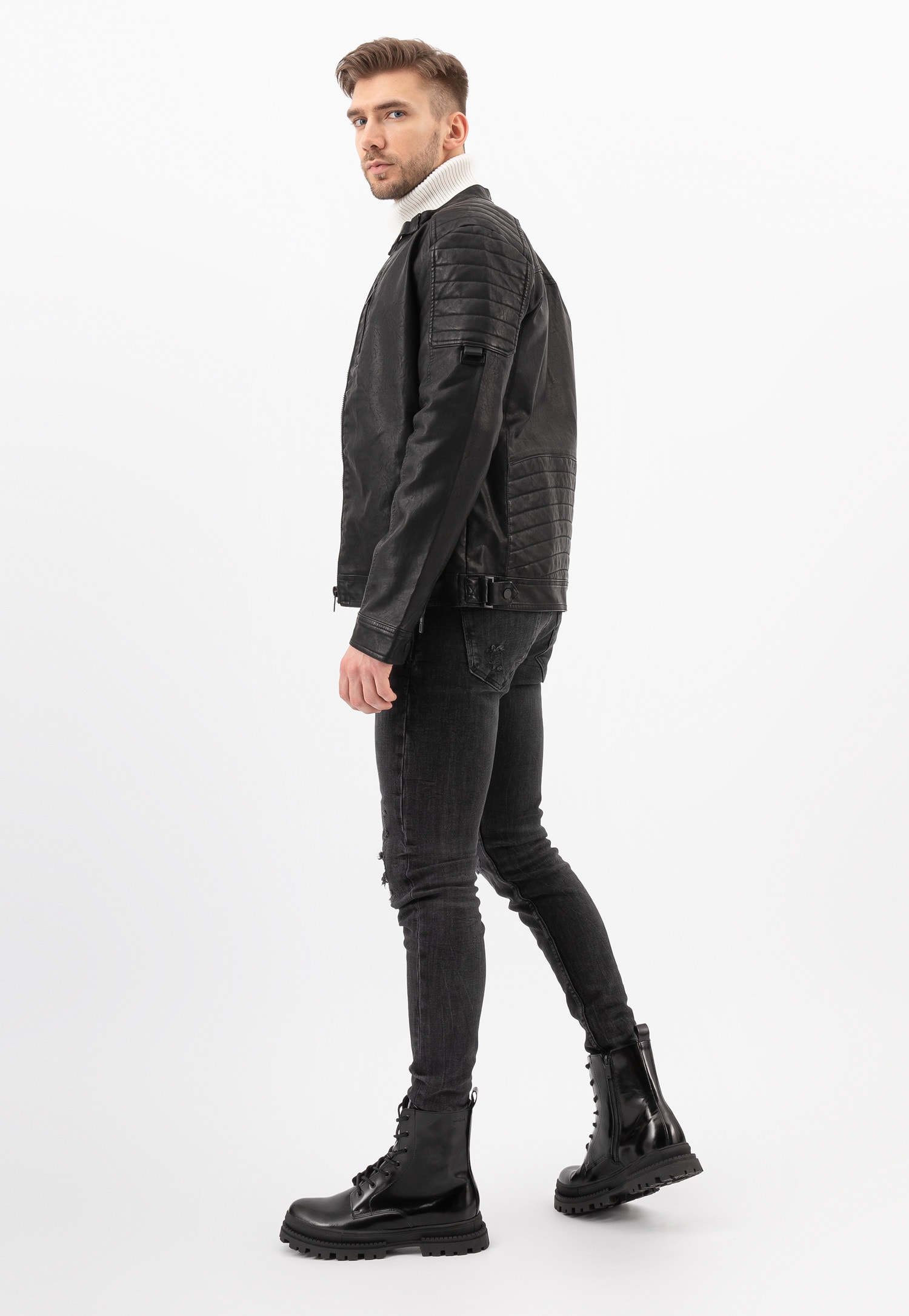 Brązowe męskie trzewiki bikery ze skóry licowej