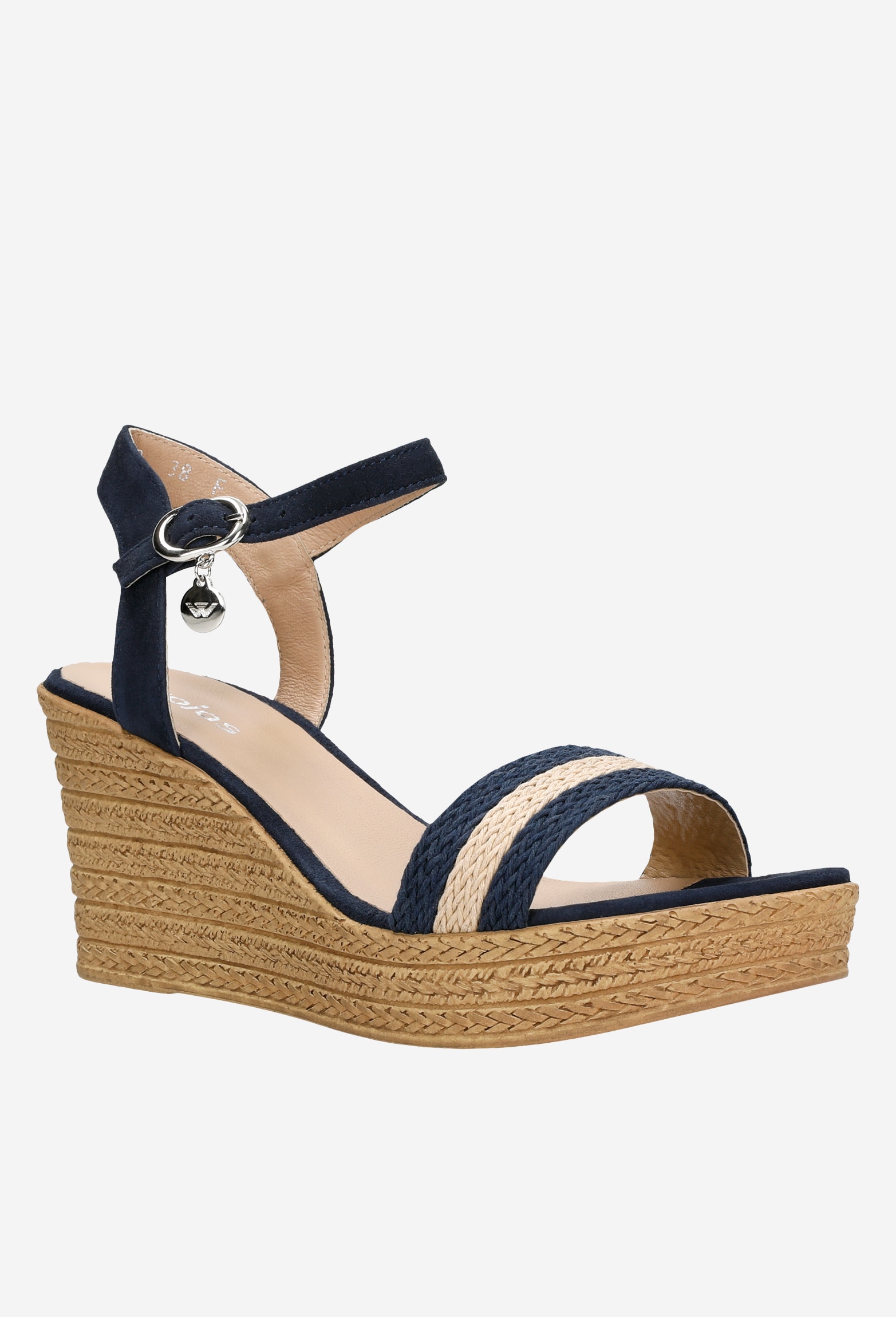 Sandały damskie na koturnie z plecionymi granatowo-beżowymi paskami