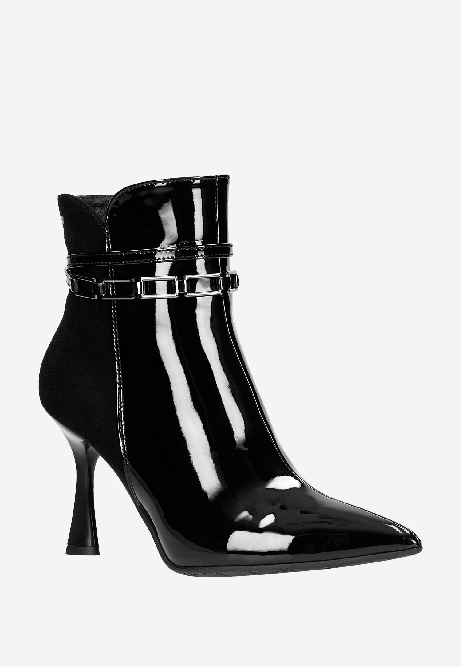 Czarne eleganckie botki damskie z łańcuchem wokół kostki