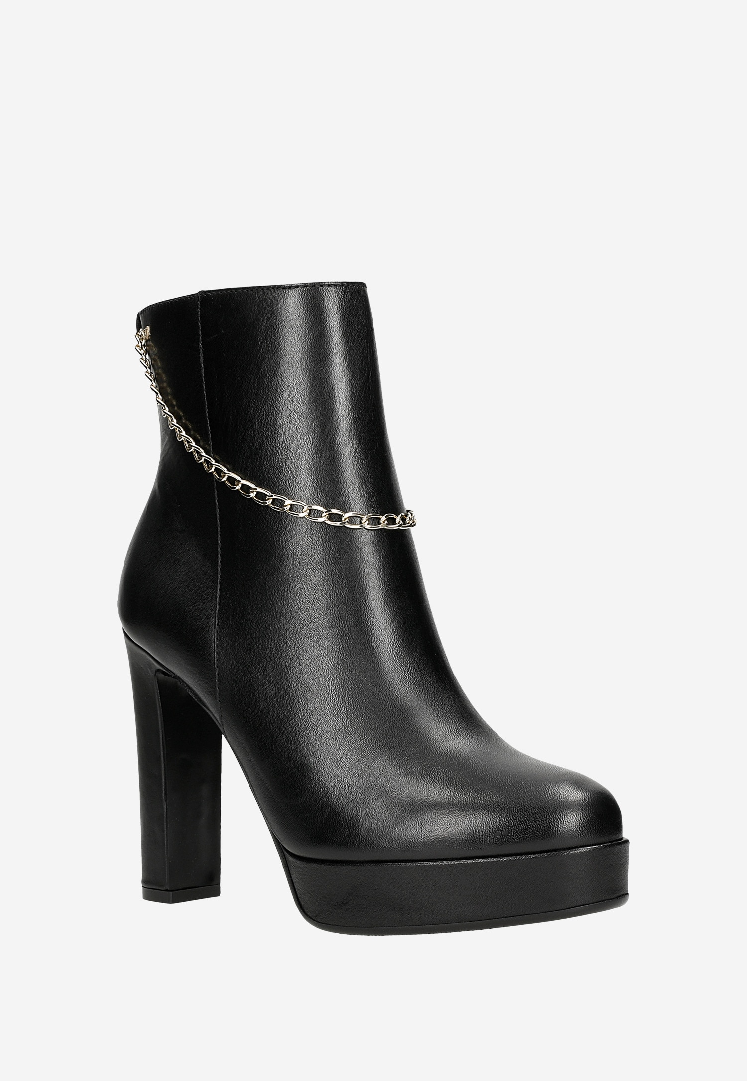 Czarne skórzane botki na wysokim słupku ze złotym łańcuchem
