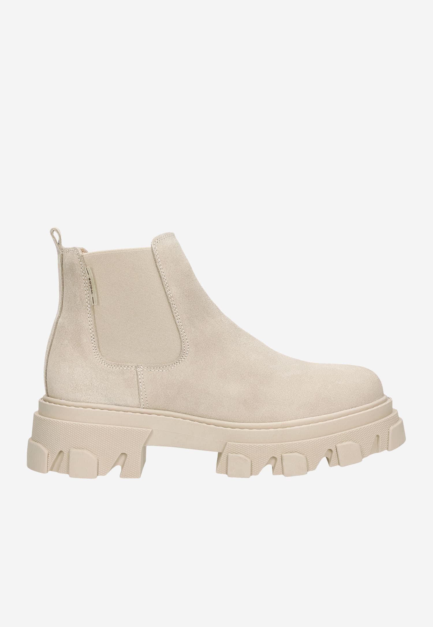 Beżowe botki damskie typu sztyblety z ciekawym bieżnikiem