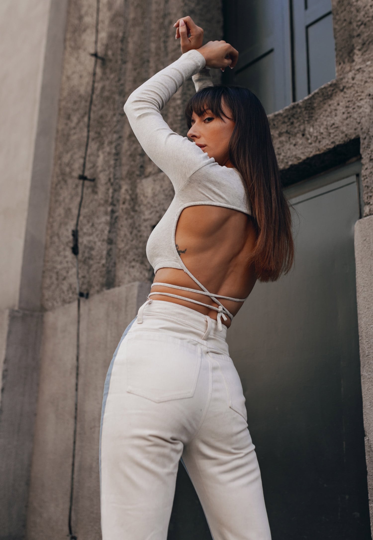 CHIARA spodnie damskie patchwork biało-niebieske